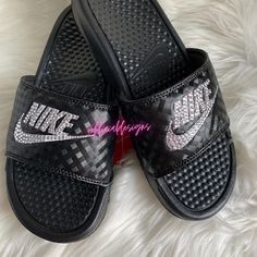 Hey Babes! Summer is here! Show your toes off in style with these comfortable blinged out sandal slides! 💎 These sandals are 100% authentic and are true to size.  This listing is for black sandals with silver bling💎 Diamonds are resin based and professionally hand placed on with industrial adhesive to ensure permanent bond. 💎 Sandals are made with love and care. Please allow 2 week processing time to ensure perfection! If need sooner please send a message to be accommodated 💎 We love custom Black Nike Slides, Nike Benassi Slides, Bling Nike, Cute Slides, Shoes Slides, Rhinestone Projects, Nike Benassi, Nike Slides, Custom Bling