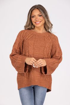 The Keeping Promises Sweater from Cozy Co. is the perfect sweater for everyone! This knit sweater features a round neckline, wide sleeves, and a straight hemline. The Keeping Promises Sweater is perfect for all occasions! 85%Polyester/15%Acrylic Bust: Size M- 28", Size 2XL- 28.5" Length: Size M- 26", Size 2XL- 27.5" Missy Fit S/M 0-8, M/L 8-14, 1XL/2XL 14-18, 2XL/3XL 20-24 Brown Cropped Crew Neck Sweater For Fall, Crew Neck Cable Knit Top For Fall, Cable Knit Crew Neck Top For Fall, Cozy Knit Top With Ribbed Cuffs And Crew Neck, Oversized Cable Knit Top For Fall, Brown Crew Neck Knit Top For Fall, Fall Sweater With Batwing Sleeve And Ribbed Cuffs, Fall Cable Knit Crew Neck Top, Cozy Sweater With Batwing Sleeves And Ribbed Cuffs