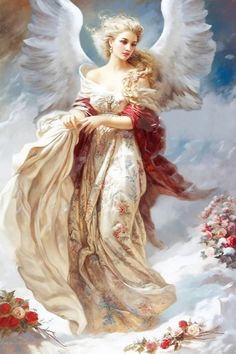 a painting of an angel in the snow