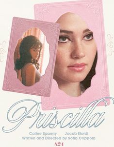 an advertisement for the movie pisicella with a woman's face in a pink frame