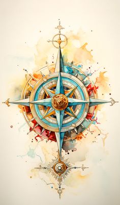 a watercolor drawing of a compass on paper