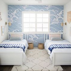 two twin beds in a bedroom with blue and white wallpaper