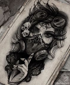 a black and white drawing of a woman with steampunks on her face