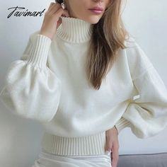 Tavimart Women's Loose Knitted Sweater Pullovers for Fall and Winter Solid Color Full Puff Sleeve High Neck Skinny Short Casual Sweaters Winter Knit Top With Lantern Sleeves, Winter Knit Tops With Lantern Sleeves, Knit Tops With Lantern Sleeves For Winter, Knit Puff Sleeve Top For Winter, Winter Stretch Tops With Lantern Sleeves, Stretch Lantern Sleeve Winter Tops, White Puff Sleeve Sweater For Fall, White Puff Sleeve Tops For Winter, Low Waisted Pants