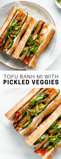 two plates with sandwiches cut in half on top of each other and the words pickled veggies below