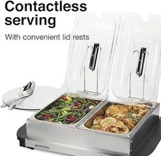 two trays with food in them sitting on top of a counter next to the words contactless serving