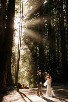 a bride and groom standing in the middle of a forest with sun shining through the trees