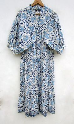 Blue Printed Women Maxi Dress V Neckline Maxi Dress 3/4th Sleeve With Button Maxi Dress - Etsy V Neckline Dress, Button Maxi Dress, Neckline Dress, Necklines For Dresses, Women Maxi, Nov 1, V Neckline, Summer Cotton, Womens Maxi Dresses