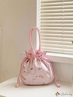 BirdinBag - Stylish Mini Womens Embroidered Bucket Bag: Compact Top Handle Handbag for Summer & Phone Essentials Pink Handheld Gift Bag, Pink Handheld Bucket Bag, Pink Handheld Bucket Bag With Removable Pouch, Pink Shoulder Bucket Bag As Gift, Pink Shoulder Bucket Bag For Gift, Pink Embroidered Shoulder Bag For Shopping, Pink Handheld Embroidered Shoulder Bag, Portable Bag For Spring Gifts, Portable Bags As Spring Gifts