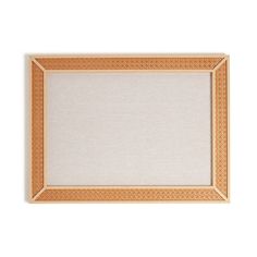 an orange and white frame on a white wall with a brown border around the edges