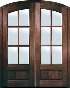 a double door with two sidelights and glass panels on the top, in dark wood