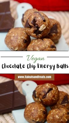 vegan chocolate chip energy balls stacked on top of each other with text overlay