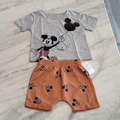 Brand New, Never Used! Shorts Still Have The Tag, But The Shirt Lost It's Price Tag Somewhere. Playful Mickey Mouse Cotton Sets, Playful Cartoon Print Shorts For Playwear, Playful Cartoon Print Playwear Shorts, Casual Mickey Mouse Tops For Playwear, Casual Mickey Mouse Playtime Set, Baby Nursery Closet, Minnie Outfit, American Flag Sweater, Nursery Closet