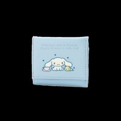 a blue wallet with an image of a baby elephant on it's front pocket