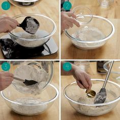 four pictures showing how to mix ingredients in a bowl