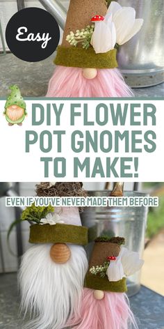 Easy DIY flower pot gnomes to make. Gnome with flower pots for hats. Clay Pot Gnomes, Flower Pot Gnomes, Pot Gnomes, Mason Jar Halloween, Gnomes To Make, Gnome Crafts, Fairy Lanterns, Nordic Gnomes