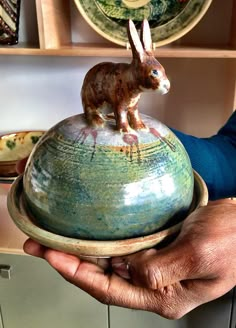 a person holding a bowl with a rabbit on it