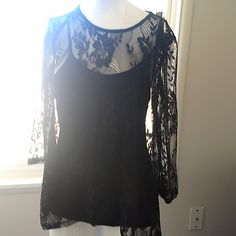 Black Mid Sleeve Lace Top Black Sheer Tops For Evening, Black Stretch Sheer Blouse, Black Sheer Stretch Blouse, Black Sheer Crew Neck Top, Black Sheer Tops For Layering, Black Sheer Top For Layering, Black Sheer Tops For Night Out, Sheer Black Blouse For Layering, Fitted Black Blouse For Layering