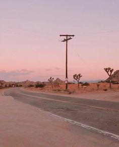 an empty road in the middle of nowhere with power lines above and palm trees on either side