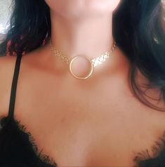 "♦ A beautiful choker necklace, made of metal gold-plated brass in a very high quality with a hoop pendant in its center. SIZA: length 11.8 \" (30 cm) up to 15.8\" ( 40 cm) wide chain 0.47 \" ( 1.2 cm) ♦ This piece of jewelry is perfect as a gift for yourself, for a wedding day, Valentine's day or a birthday. ♦ The jewel will be sent by registered mail (to some countries also includes a tracking number), more information in the F&Q. ♦ My Etsy Shop: http://etsy.me/2rdJm27 Thank you for your i Gold Hoop Jewelry For Party, Gold Festival Choker With Clavicle Chain, Gold Clavicle Chain Choker For Festival, Festival Gold Clavicle Chain Choker, Gold Metal Festival Choker, Gold Hoop Chain Jewelry, Adjustable Chain Choker, Gold Chain Jewelry For Festival, Gold Metal Jewelry For Festival