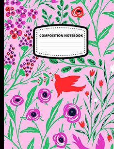 a pink composition notebook with colorful flowers and birds on it, surrounded by green leaves