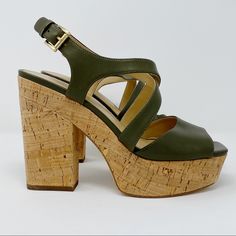 Michael Michael Kors Abbott Cork Platform Sandal ~Platform Sandals ~Leather Upper ~Cork Sole ~Crisscross Strap ~Slingback Strap W/ Buckle Closure ~Square Toe Color: Olive Size: 6 Approx 5" Heel Brand New Without Box Green Leather Wedge Sandals With Ankle Strap, Green Leather Closed Toe Wedge Sandals, Green Leather Wedge Sandals, Olive Leather Sandals For Summer, Green Leather High Heel Wedge Sandals, Green High Heel Leather Wedge Sandals, Olive Open Toe Sandals For Spring, Summer Cork Platform Heels, Brown Cork Platform Wedge Sandals