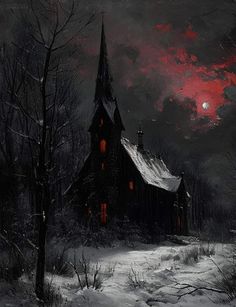 a painting of a church in the woods at night with red light coming from its windows