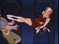 an animated image of a woman hanging from a chain in front of another woman with her hand on the door