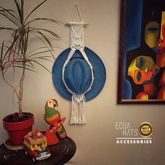 a blue hat hanging on the wall next to a potted plant and other items