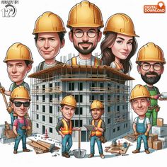 a group of people standing next to each other in front of a building under construction