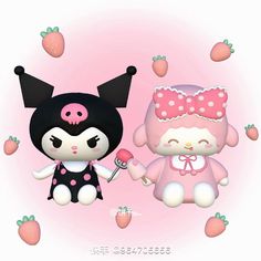 two cute little dolls standing next to each other with strawberries in front of them