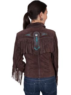 Chocolate fringe and beaded suede jacket by Scully. This classic western jacket has a flattering fit. It features fringe yokes front and back and down the sleeves. This western design features conchos with beaded fringe and stud and bead design detail. Lined. Perfect western style jacket for any cowgirl. * NOTE: CUSTOMERS REPORT THAT THIS JACKET RUNS SMALL. CHECK SIZE CHART IN THE PRODUCT PHOTOS. Color: Chocolate brown Flat rate shipping of $14 applies to leather coats and jackets. Winter Festival Outerwear With Beaded Fringe, Rodeo Outerwear With Tassels, Winter Festival Fitted Leather Jacket, Fitted Leather Jacket For Winter Festival, Fitted Fringe Outerwear For Winter, Long Sleeve Beaded Fringe Festival Outerwear, Fitted Western Leather Jacket With Long Sleeves, Fitted Fall Outerwear With Tassels, Fitted Outerwear With Beaded Fringe For Fall