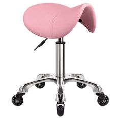 a pink office chair with wheels on it