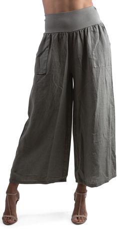 This comfy wide-leg linen pant comes with a stretch waistband for custom fit and beautiful front pocket details to add style. 100% Linen Model is 5'8 One Size Made in Italy Solid Linen Pants With Welt Pockets, Wide Leg Linen Cargo Pants For Loungewear, Wide Leg Linen Cargo Pants With Elastic Waistband, Baggy Linen Cargo Pants With Pockets, Linen Cargo Bottoms For Loungewear, Relaxed Fit Linen Cargo Pants With Pockets, Relaxed Wide Leg Pants With Pockets And Loose Hips, Relaxed Fit Wide Leg Pants With Welt Pockets, Wide Leg Pants With Welt Pockets And Relaxed Fit