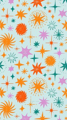 an image of colorful stars and fireworks on a light blue background for wallpaper or fabric