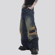 Introducing our 2023 Spring-Summer Collection patchwork men's high-waist jeans with a rock-n-roll trend that will make you stand out!Why It's A Must-HaveThis unique piece is perfect for those who are ready to express their individuality and show off their trend for couture. With its baggy fit. distressed denim. vintage-inspired patchwork. and high-waist cut. it's a traditional piece that speaks to all the trendsetters out there.Distinctive Features: Grunge Style: With its loose silhouette and di Baggy Denim Punk Pants, Baggy Patchwork Medium Wash Jeans, Baggy Patchwork Jeans In Medium Wash, Punk Dark Wash Bottoms For Streetwear, Punk Style High-rise Cotton Jeans, Baggy Punk Denim Jeans, Edgy Baggy Blue Jeans, Edgy Blue Baggy Jeans, Punk Style Denim Blue Jeans