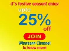 a yellow background with the words 25 % off on whatsapp channel to know more