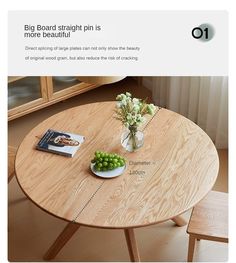 a wooden table with flowers and fruit on it