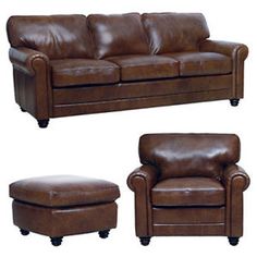 a brown leather couch and footstool sitting next to each other