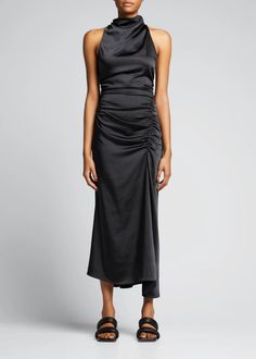 A.L.C. Inez Shirred Dress - Bergdorf Goodman Ruched Pre-draped Asymmetrical Dress For Night Out, Sleeveless Pre-draped Dress With Ruched Back, Sleeveless Pre-draped Ruched Evening Dress, Sleeveless Satin Midi Dress With Ruched Back, Elegant Cocktail Midi Dress With Ruched Sides, Asymmetrical Maxi Dress With Ruched Bodice For Cocktails, One Shoulder Pre-draped Ruched Midi Dress, Pre-draped Evening Dress With Ruched Sides, Evening Dresses With Asymmetrical Neckline And Ruched Sides