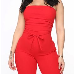 Brand New With Tags Chic Red Loungewear Top, Chic Red Strapless Jumpsuit For Spring, Casual Red High Waist Jumpsuits And Rompers, Red High-waisted Jumpsuits And Rompers For Summer, Red Fitted Strapless Jumpsuit For Summer, Red Strapless Jumpsuit For Spring Night Out, Red Strapless Jumpsuit For Night Out In Spring, Chic Red High-waisted Jumpsuits And Rompers, Red Jumpsuits And Rompers For Spring Loungewear