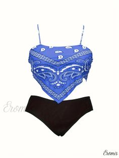 Eromis - Bohemian-Inspired Plus Size Bikini Set, Womens Plus Size Paisley Print Hanky Hem Bra with Solid Panty Swimsuit 2-Piece Ensemble Bohemian Bandeau Swimwear For Summer, Bohemian Fitted Tankini For Summer, Fitted Bohemian Tankini For Summer, Bohemian Sleeveless Sets For Beach Season, Blue Summer Festival Tankini, Printed Beach Sets For Pool Season, Bohemian Fitted Beach Sets, Printed Sets For Pool And Beach Season, Printed Beach Season Pool Set