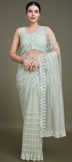 Green color Saree in Net fabric with Embroidered, Sequence, Thread work Wedding Green Blouse Piece With Sheer Dupatta, Green Pre-draped Saree With Intricate Embroidery For Wedding, Pista Green Blouse Piece For Reception, Green Organza Wedding Blouse Piece, Green Organza Blouse Piece For Wedding, Pista Green Organza Pre-draped Saree For Wedding, Elegant Semi-stitched Saree For Ceremonies, Wedding Green Organza Blouse Piece, Traditional Saree With Dupatta For Ceremony