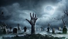 a zombie hand rising out of the ground surrounded by tombstones and graves in front of a full moon