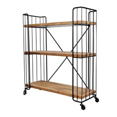 a metal and wood shelf with three shelves on it's wheels, one is empty