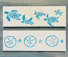 two pieces of paper with sea turtles and sand dollars on them