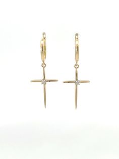 Large 14K Gold Cross Earrings With Real Diamonds - LeSilveStone Diamond Cross Earrings As Gift, Diamond Cross Earrings For Gift, Yellow Gold Cross Earrings For Pierced Ears, Diamond Cross Earrings, Gold Cross Earrings, Dangle Cross Earrings, 2 Earrings, Gold Bond, Solid Gold Earrings