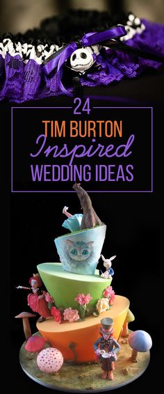 an image of a wedding cake with purple and green decorations on it, the title reads 24 tim burton inspired wedding ideas