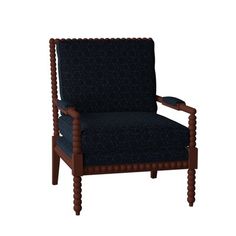 a black chair with wooden legs and arms