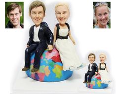 a couple sitting on top of a globe with their wedding pictures in the background and an image of them